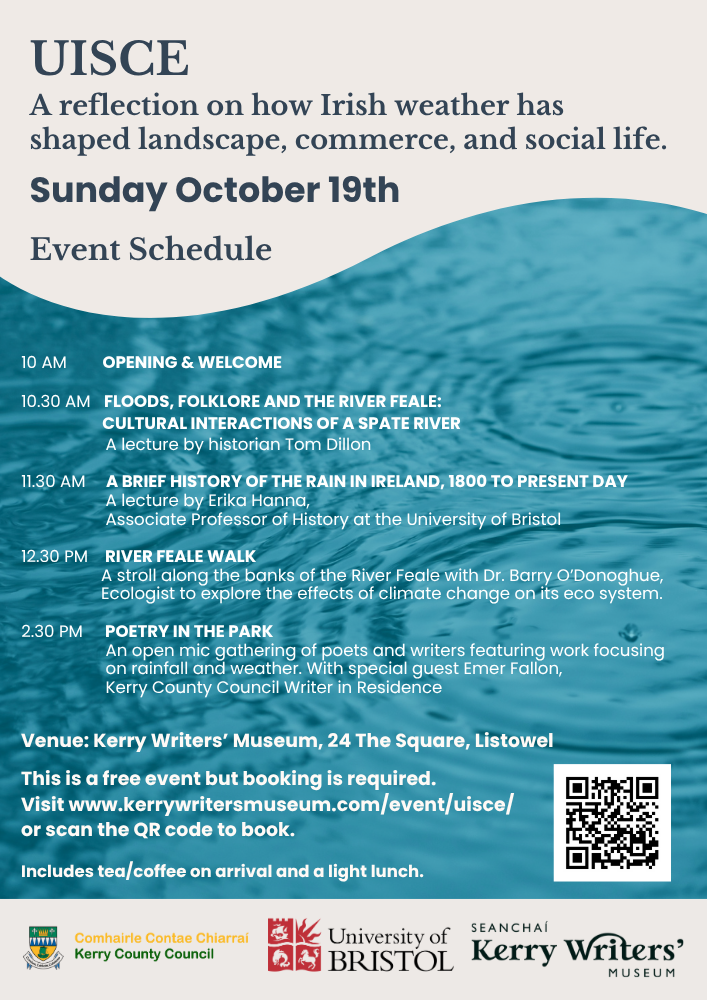 Join us in Kerry Writers’ Museum on Saturday 19th October for a day celebrating Ireland’s ever-changing skies, flowing rivers, and creative spirit. Talks, poetry, walks, and art — all exploring how weather and water shape who we are.