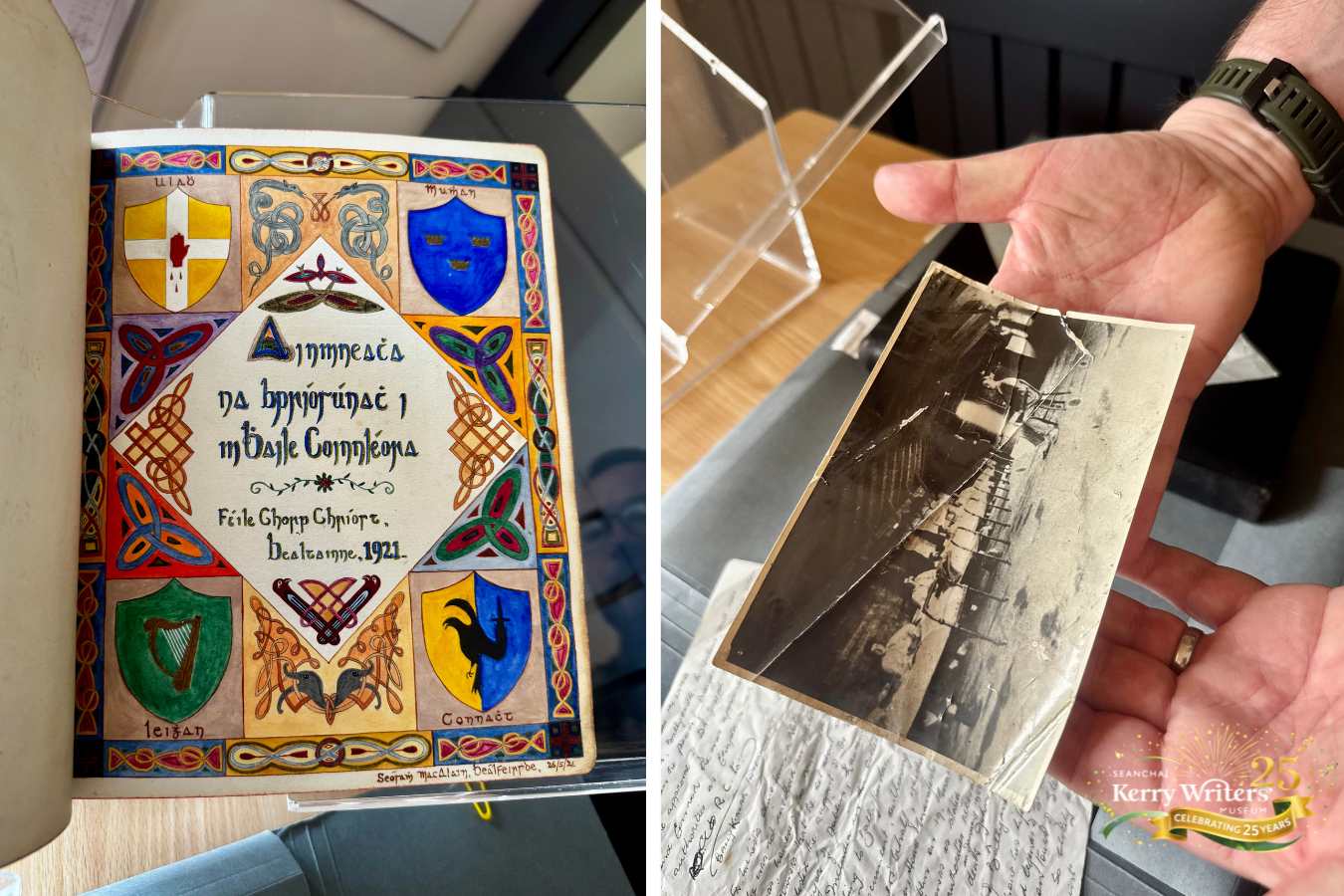 Book of Ballykinlar & Historic Photograph | Remarkable Celtic illumination and decorative detail from the Book of Ballykinlar presented alongside a historic black and white photograph offering a glimpse into the archival record, Kerry Writers’ Museum, May 2026 | Courtesy of Military Archives

