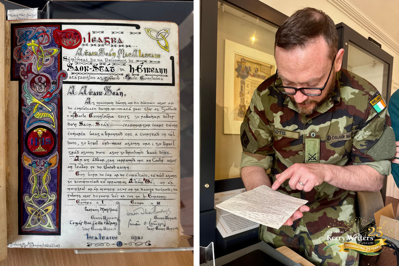 Book of Ballykinlar & Historical Document | Intricate Celtic illumination and decorative detail from the Book of Ballykinlar alongside Daniel Ayiotis, Director of the Military Archives, holding a historic archival document in Kerry Writers’ Museum, May 2026 | Courtesy of Military Archives.
