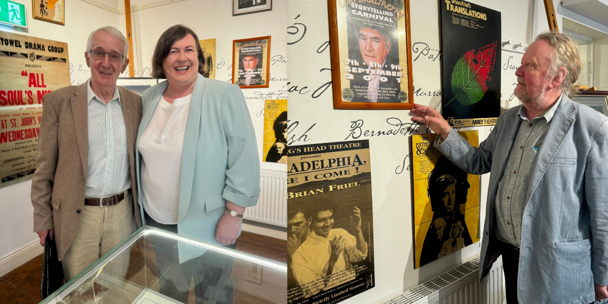 Left: Éamon Ó Murchú and Festival Director Cara Trant. Right: Noel King with his Courtmacsherry Storytelling Carnival poster in the exhibition.