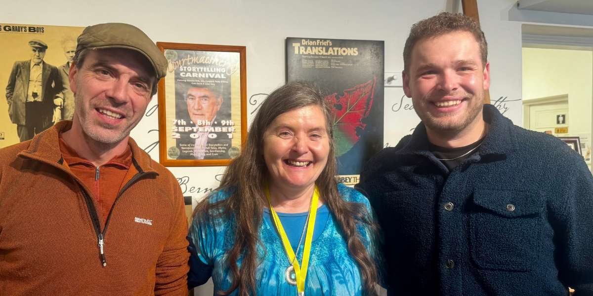 Storyteller Maria Gillen and Czech poet Šimon Leitgeb with a festival friend.