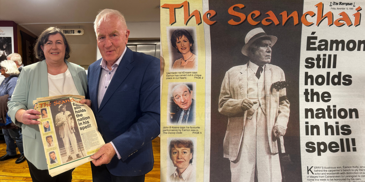 Festival Director Cara Trant and Jimmy Deenihan with original copies of The Kerryman from the 1999 gala tribute to Éamon Kelly at the Listowel Arms Hotel: "Éamon still holds the nation in his spell!"